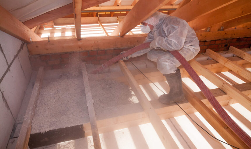 Worker,With,A,Hose,Is,Spraying,Ecowool,Insulation,In,The